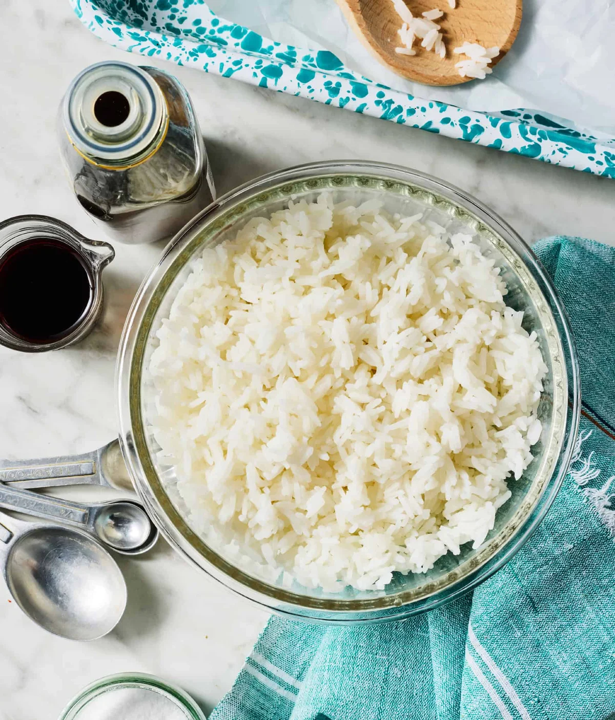 Leftover rice with tamari, sesame oil, and salt laid out