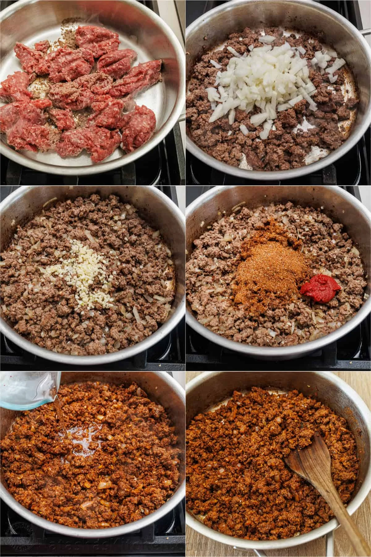 Step-by-step collage of browning taco meat in a skillet