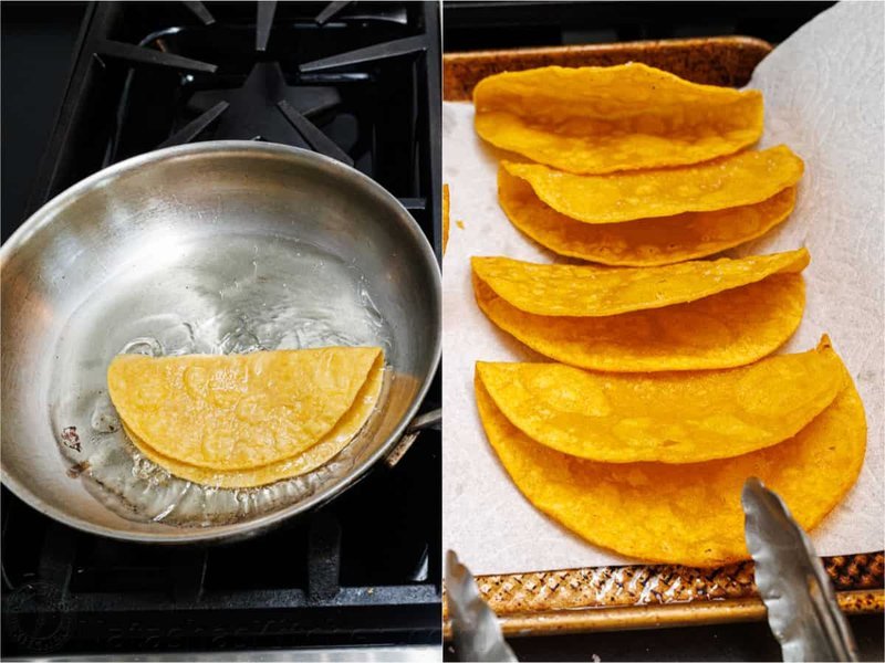 Tortillas frying on stovetop and crisped on a baking sheet