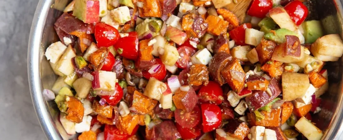 Roasted Sweet Potatoes with Apples, Avocado, and Tomatoes