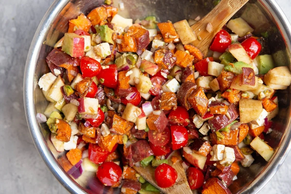 Roasted Sweet Potatoes with Apples, Avocado, and Tomatoes