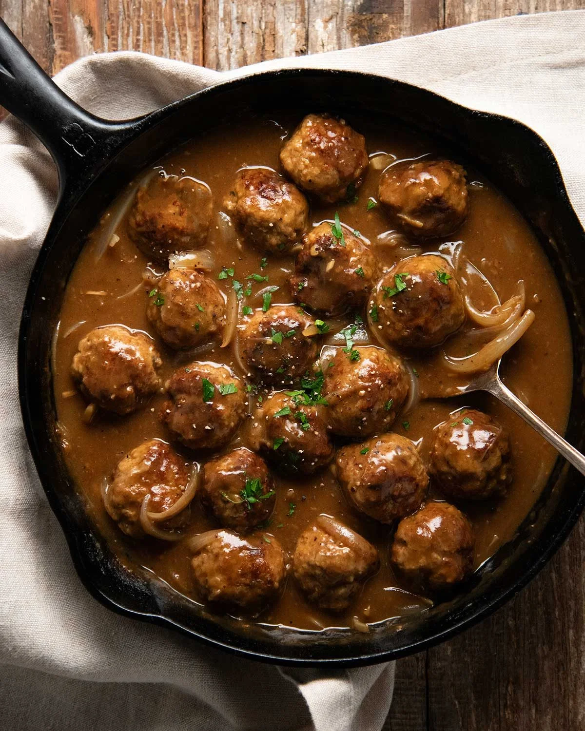 Country pork meatballs smothered in rich onion gravy