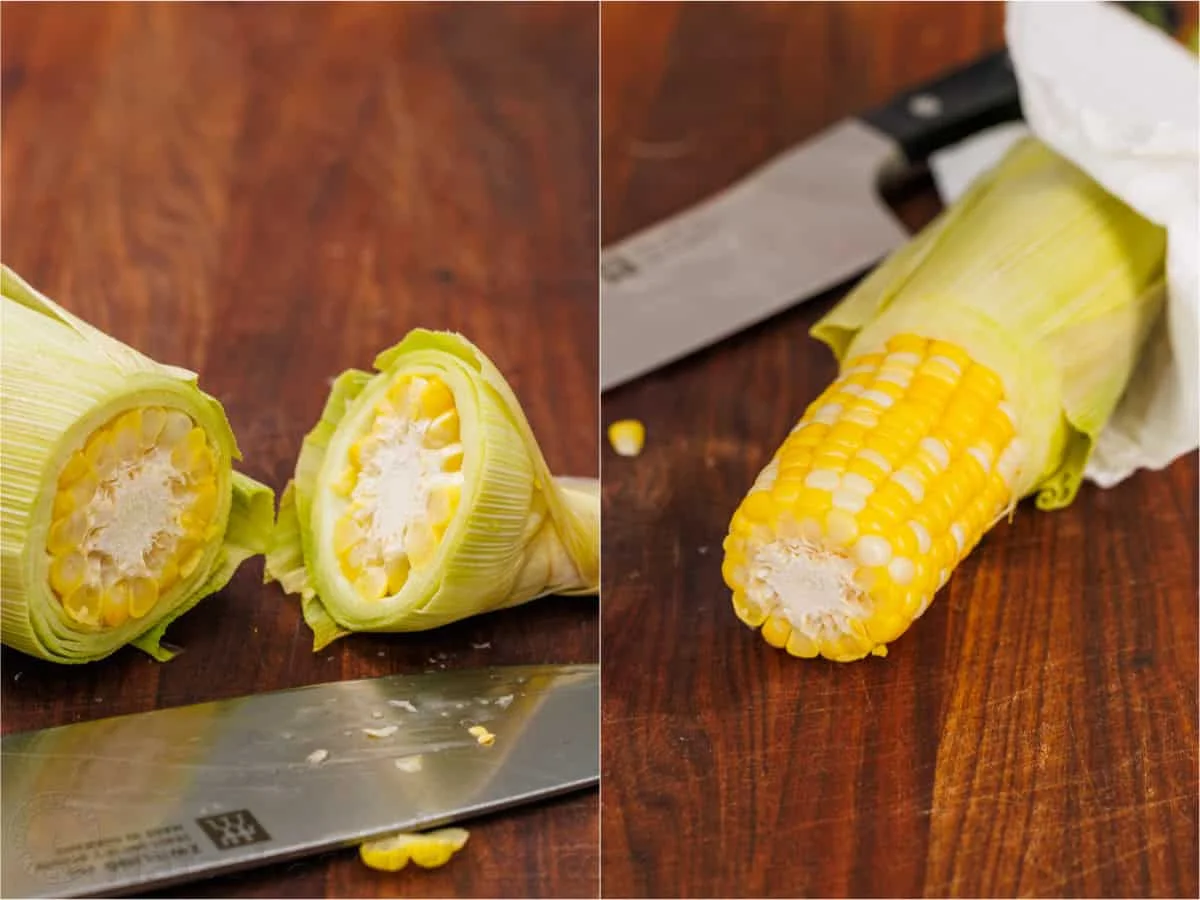 Corn cut crosswise showing kernels and cob on cutting board