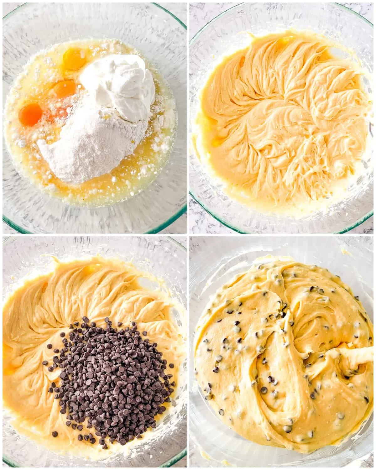 Step by step photos of mixing chocolate chip cake batter in a bowl