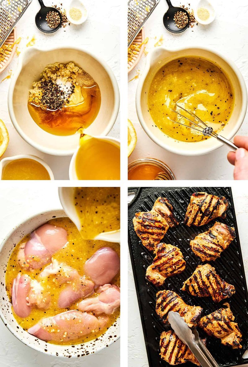 Step-by-step collage of making and grilling lemon pepper chicken