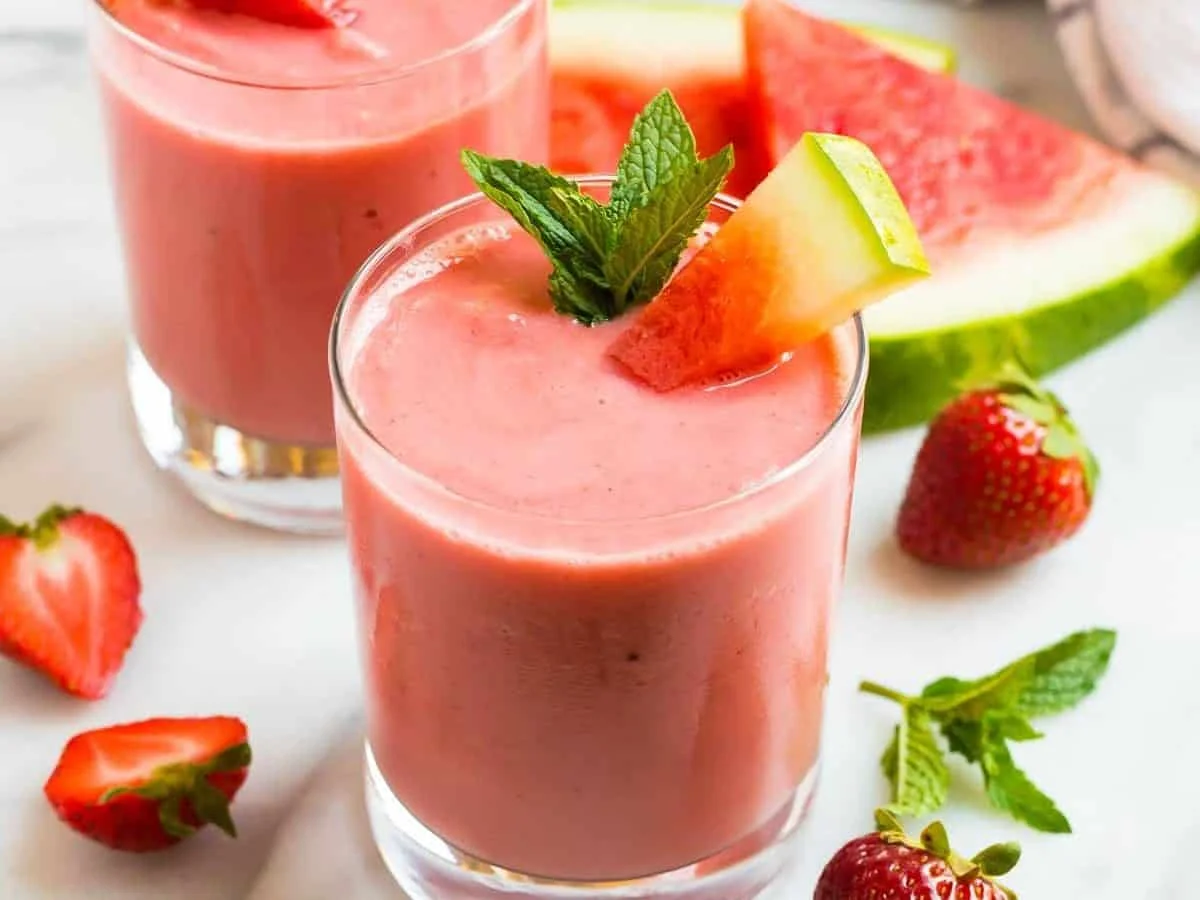 Two glasses of creamy pink watermelon smoothie