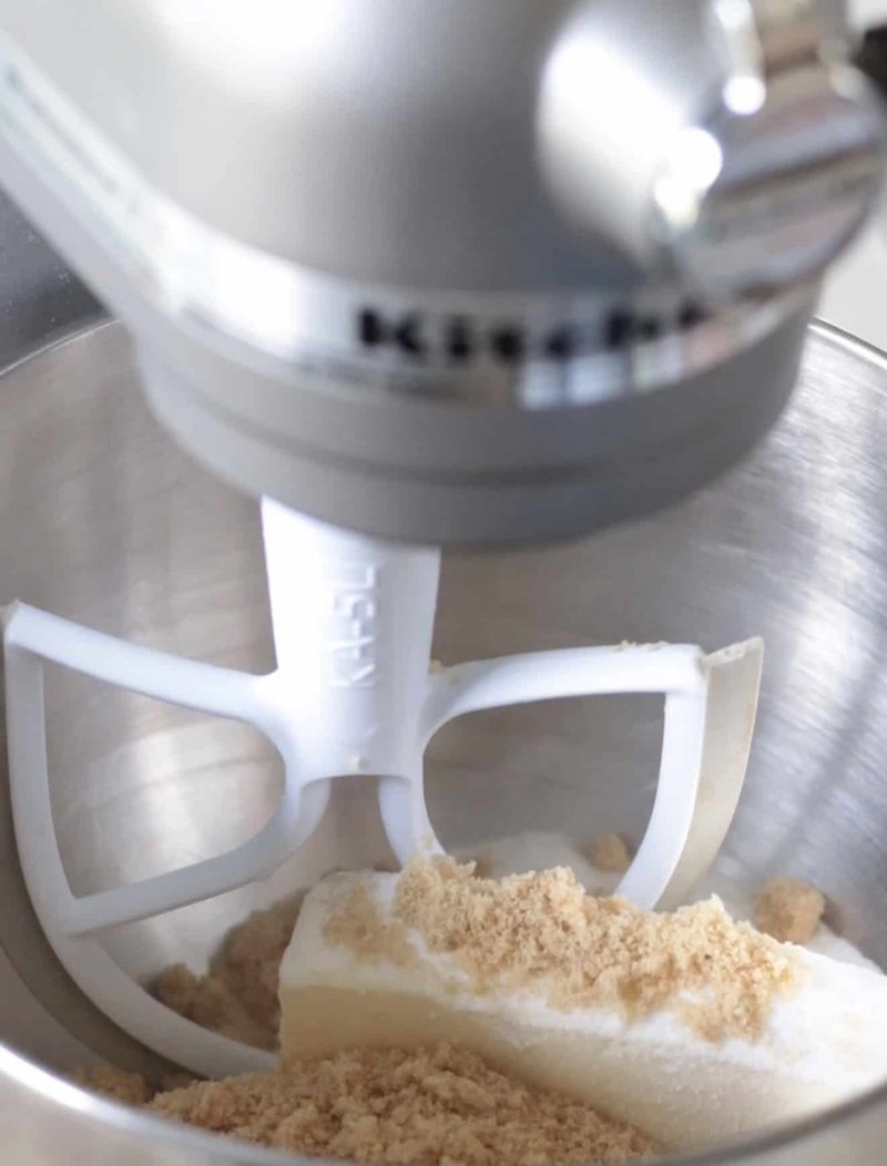 Butter and brown sugar in a stand mixer bowl