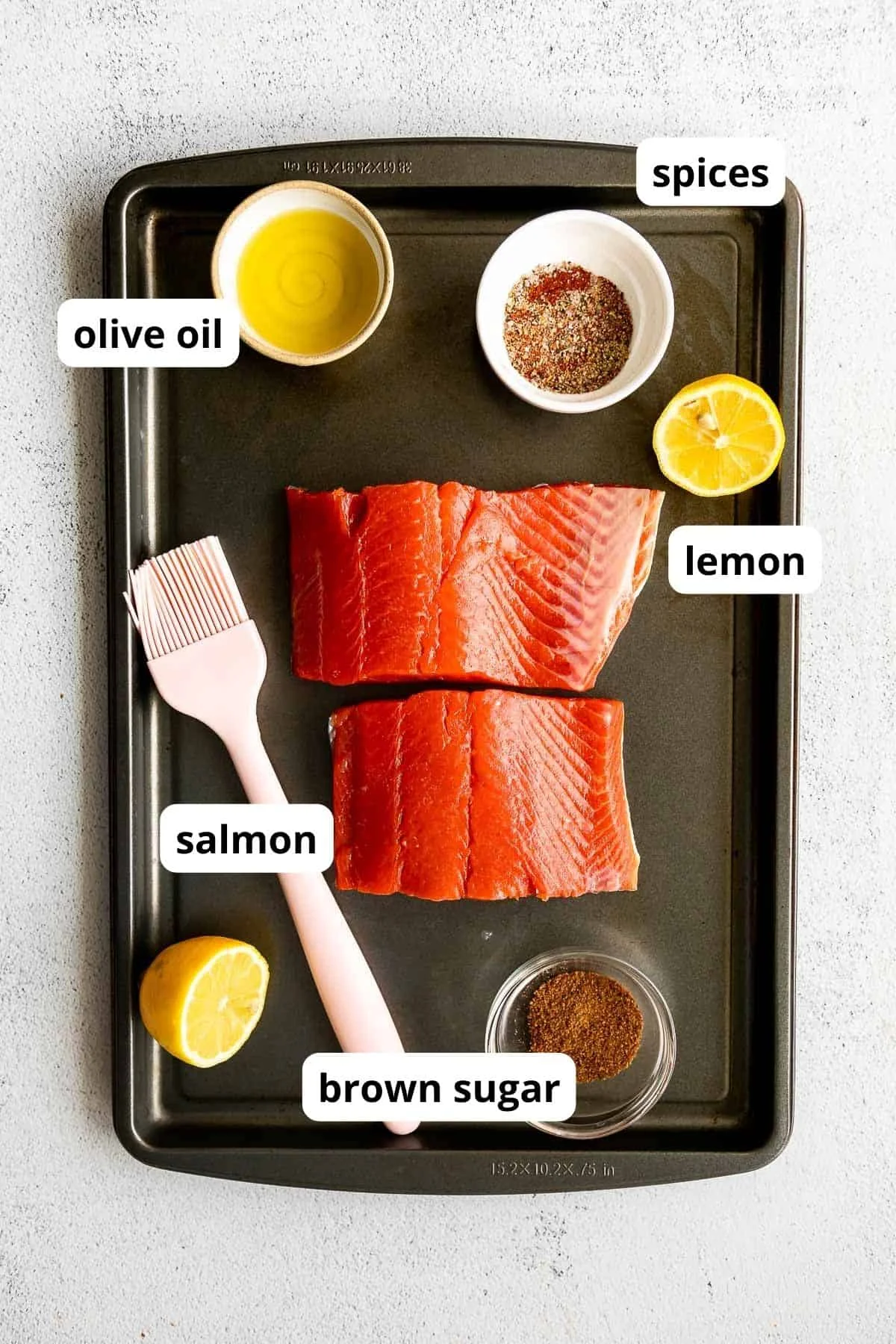 Salmon ingredients and spices laid out flat