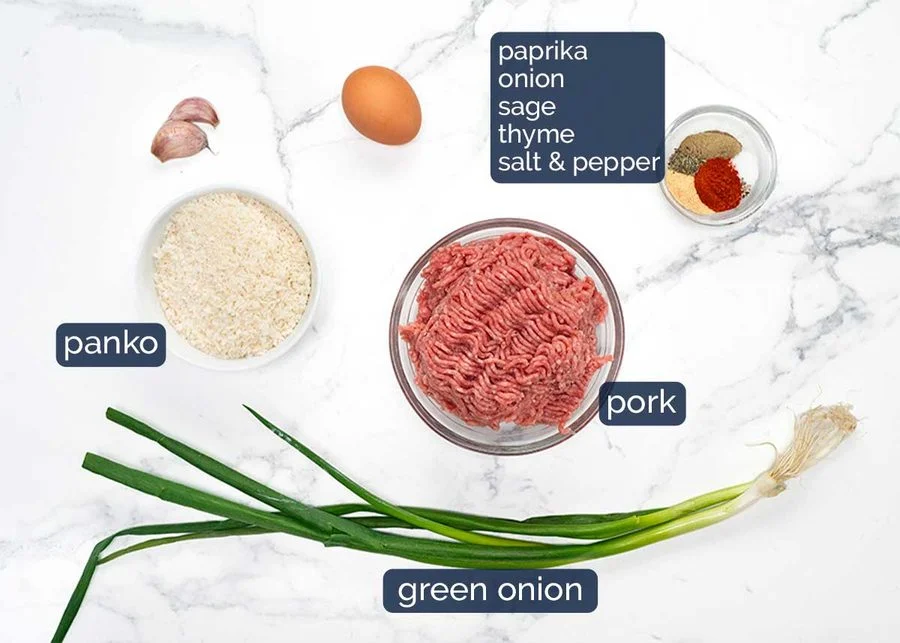 Ingredients for country pork meatballs laid out
