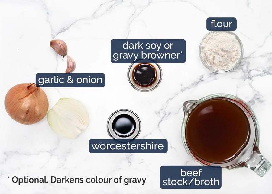 Ingredients for onion gravy including butter and stock