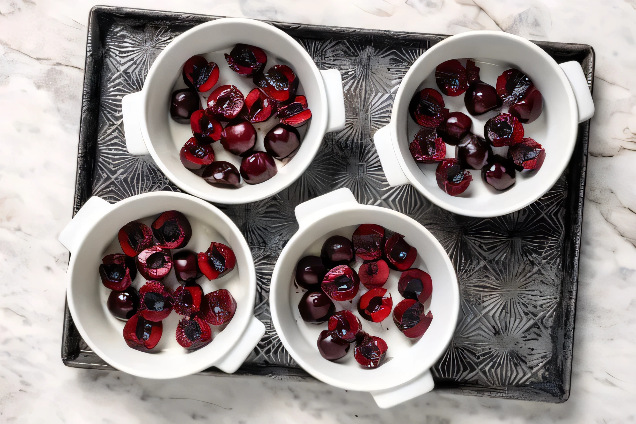 Halved pitted cherries divided into prepared ramekins