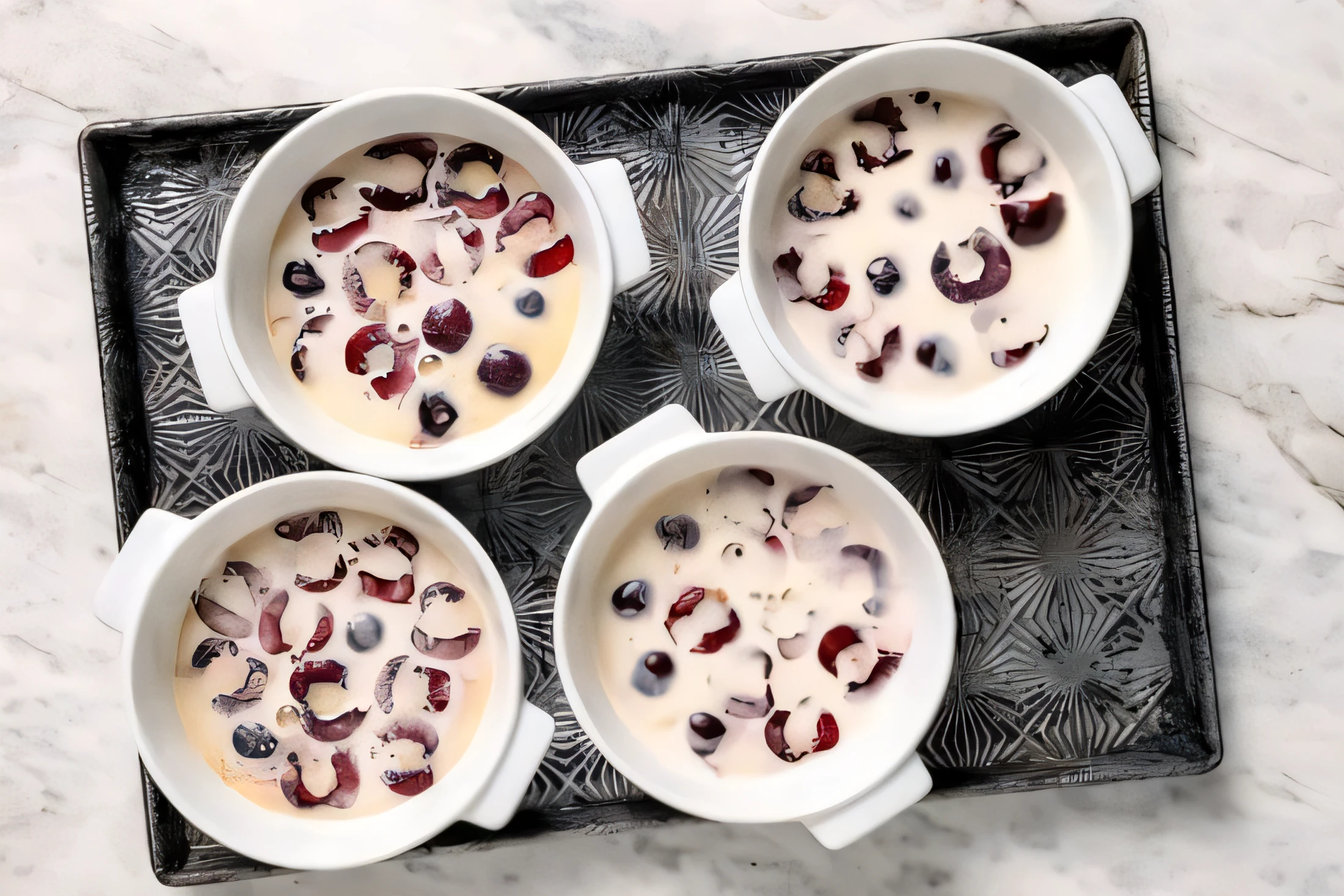 Overhead view of baked cherry clafoutis ramekins